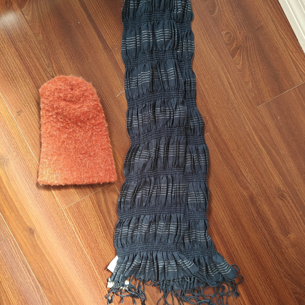 Dark Blue Scarf and Rust Beanie Set